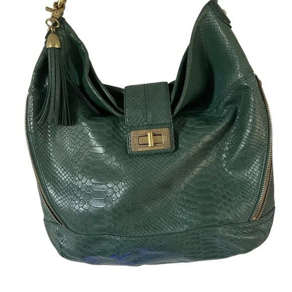 Rebecca Minkoff Snakeskin Croc Embossed Forest Green Hobo Bag with Gold Accents - Picture 5 of 7
